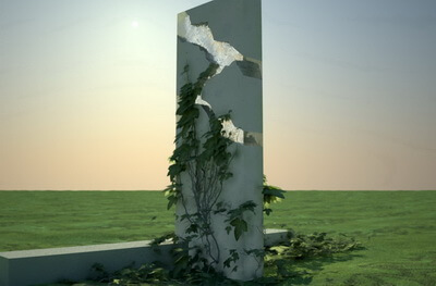 Увитый вьющимся растением прямоугольный памятник из белого мрамора